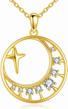 TIGER RIDER Dainty Moon Star Necklace 925 Sterling Silver Gold Plated Moon Star Pendant Celestial Body Charm Jewelry Gift for Women Birthday Christmas