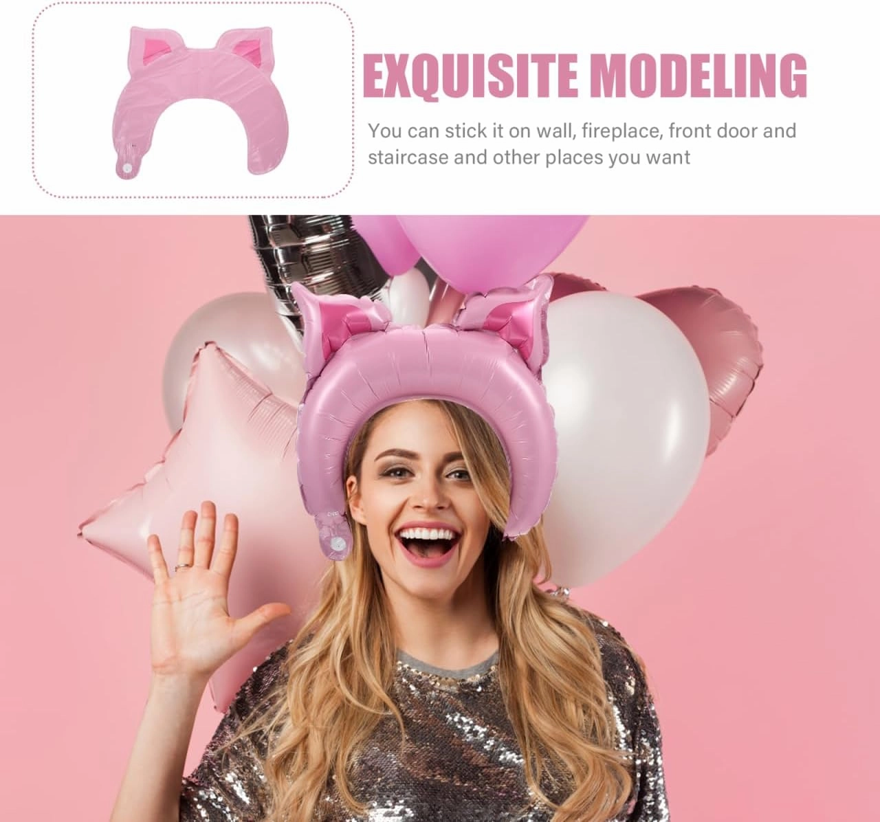 Totority Pink Pig Balloon Headbands 100 Pcs Inflatable Animal Hair Hoops for Kids Party Decorations, Aluminum Foil, 15.74 X 11.81 X 3.54 Inches