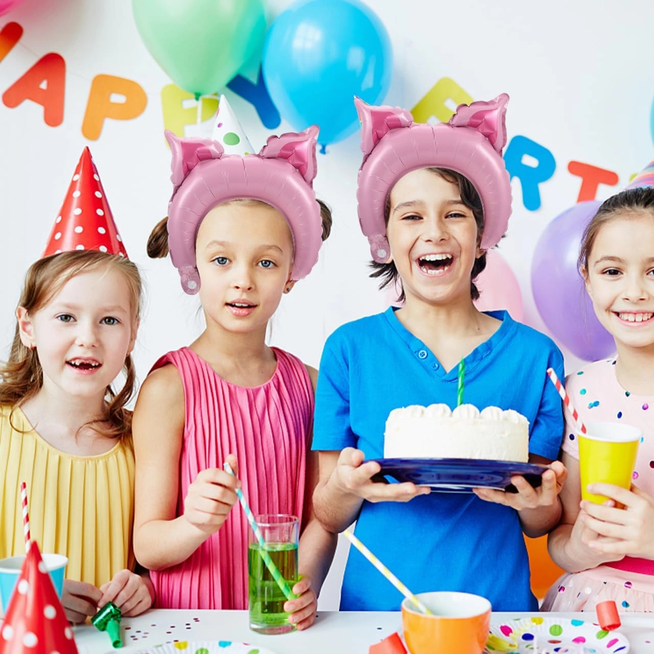 Totority Pink Pig Balloon Headbands 100 Pcs Inflatable Animal Hair Hoops for Kids Party Decorations, Aluminum Foil, 15.74 X 11.81 X 3.54 Inches