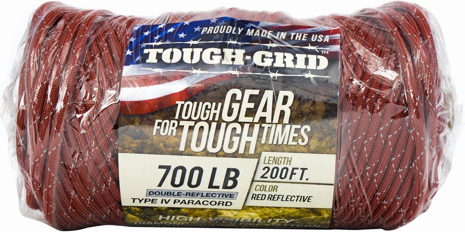 TOUGH-GRID 700lb Double-Reflective Paracord/Parachute Cord - 2 Vibrant Retro-Reflective Strands for Ultimate High-Visibility Cord - 100% Nylon - Made in USA - 200Ft. Red