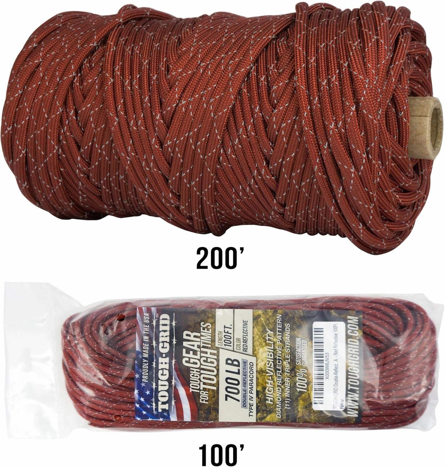 TOUGH-GRID 700lb Double-Reflective Paracord/Parachute Cord - 2 Vibrant Retro-Reflective Strands for Ultimate High-Visibility Cord - 100% Nylon - Made in USA - 200Ft. Red