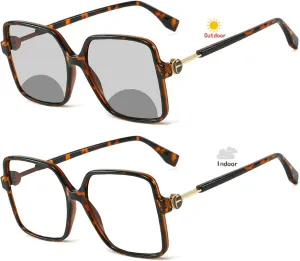 Transition Sunglasses Photochromic Bifocal Reading Glasses Women leopard Reader Fashion Oversized Square Driving Eyewea