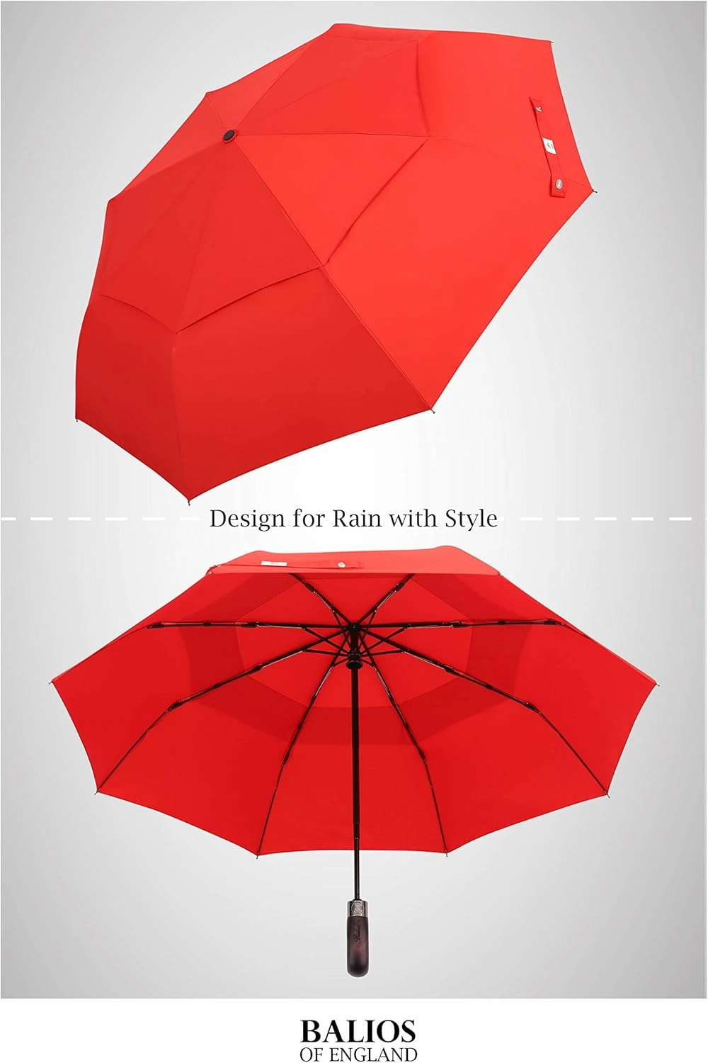 Travel Folding Umbrella with Real Wood Handle Auto Open Close Vented Windproof Canopy - Designed in UK