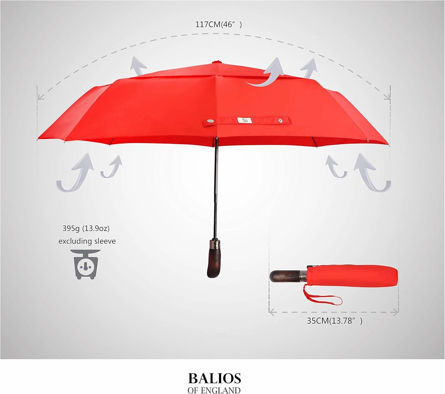 Travel Folding Umbrella with Real Wood Handle Auto Open Close Vented Windproof Canopy - Designed in UK