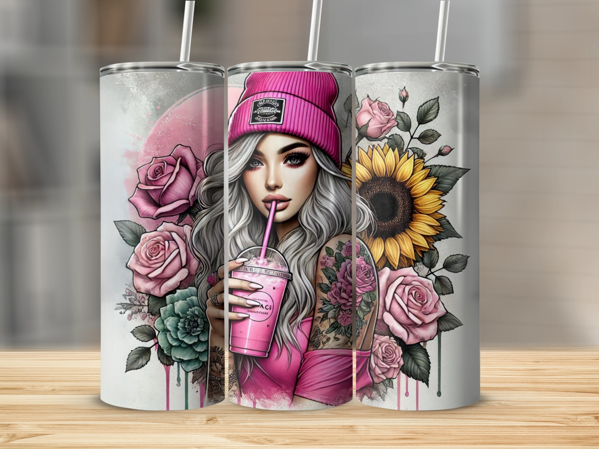 Trending-Vibrant Floral Tattooed Woman with Sunflower