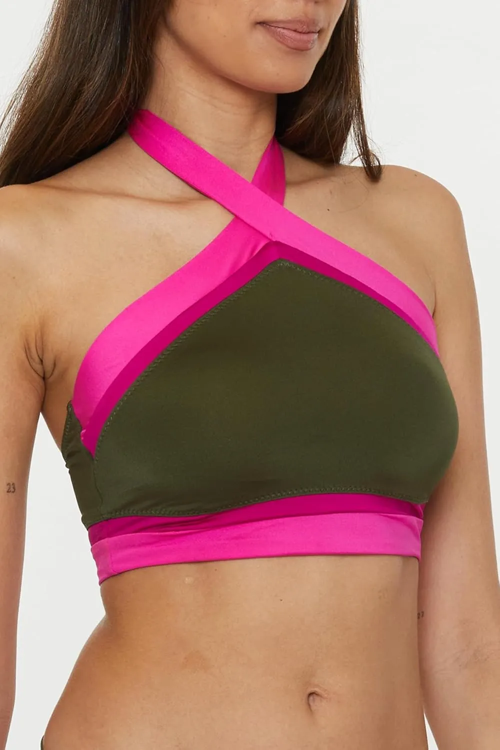 Trina Turk Women's Monaco Colorblock High Neck Bikini Top, Adjustable, Tie Back, Swimwear Separates