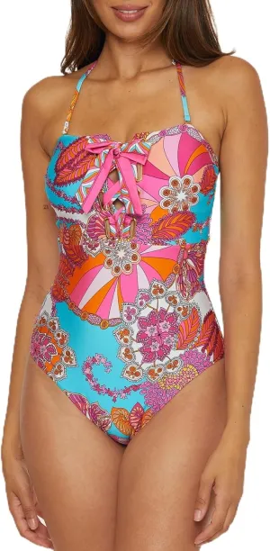Trina Turk Women's Standard Meilani Bandeau One Piece Swimsuit, Floral Print, Adjustable, Tie Back, Bathing Suits