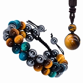 Triple Protection Bracelet,Made by hand Crystal Bracelet for Men Women Tiger Eye Beads Hematite and Black Obsidian Natural Stone 8mm Healing Bracelets Good Luck Prosperity Happiness