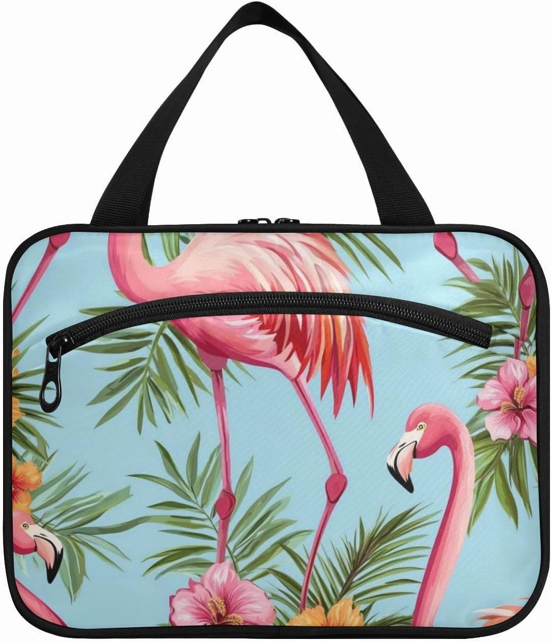 Tropical Flamingos Palm Leaves Flowers Vibrant Pink hanging cosmetic bag for women with hook, designer fashion makeup case for accessories must haves work cartera para maquillaje L