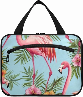 Tropical Flamingos Palm Leaves Flowers Vibrant Pink hanging cosmetic bag for women with hook, designer fashion makeup case for accessories must haves work cartera para maquillaje L