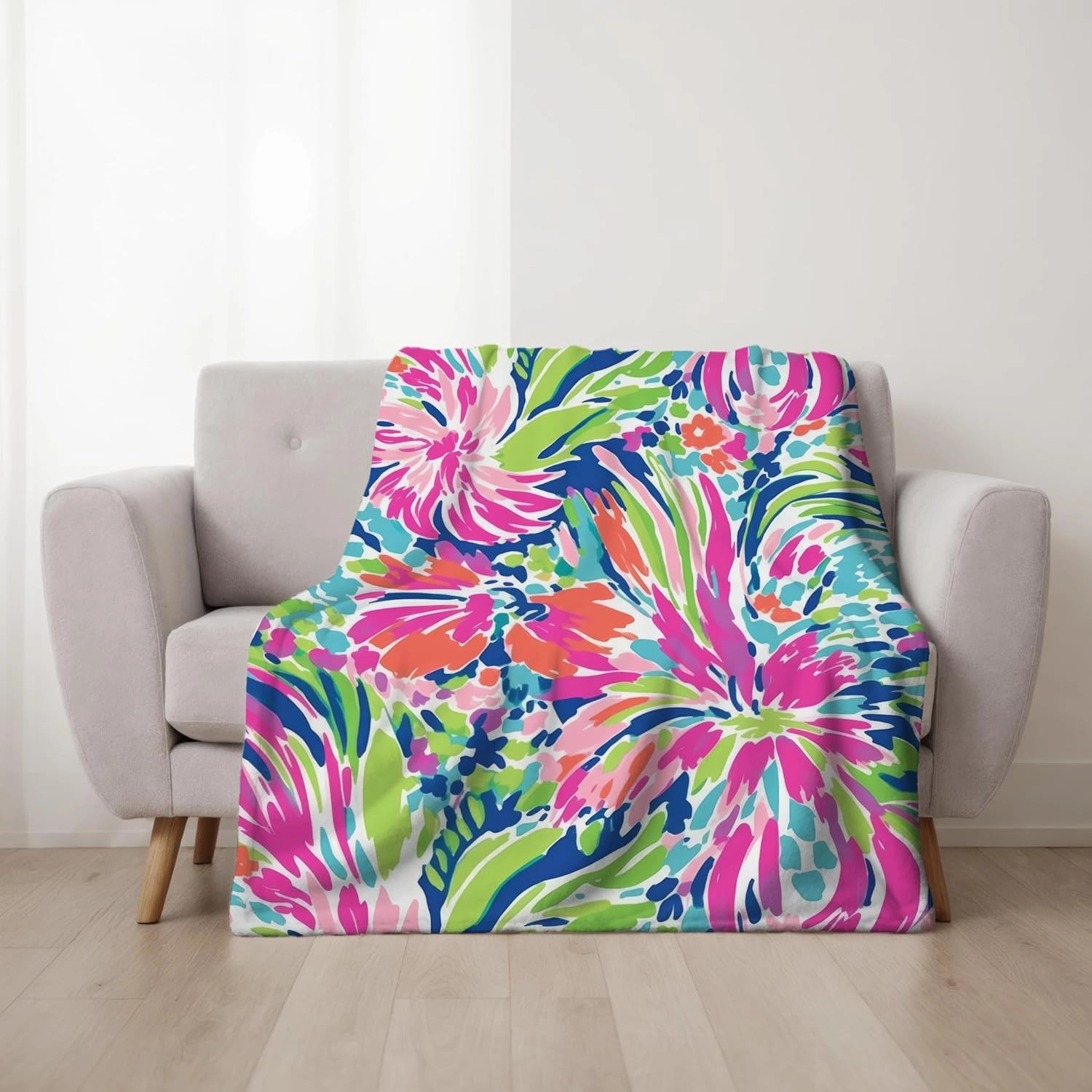 Tropical Floral Throw Blanket – Soft Flannel Fleece Blanket 50x60 Inch – Bright Pink Green Blue Lightweight Cozy Blanket for Couch, Bed, Sofa, or Dorm Room Decor