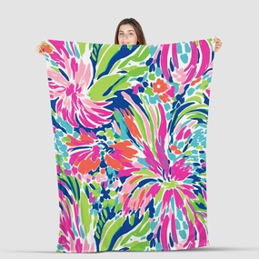 Tropical Floral Throw Blanket – Soft Flannel Fleece Blanket 50x60 Inch – Bright Pink Green Blue Lightweight Cozy Blanket for Couch, Bed, Sofa, or Dorm Room Decor