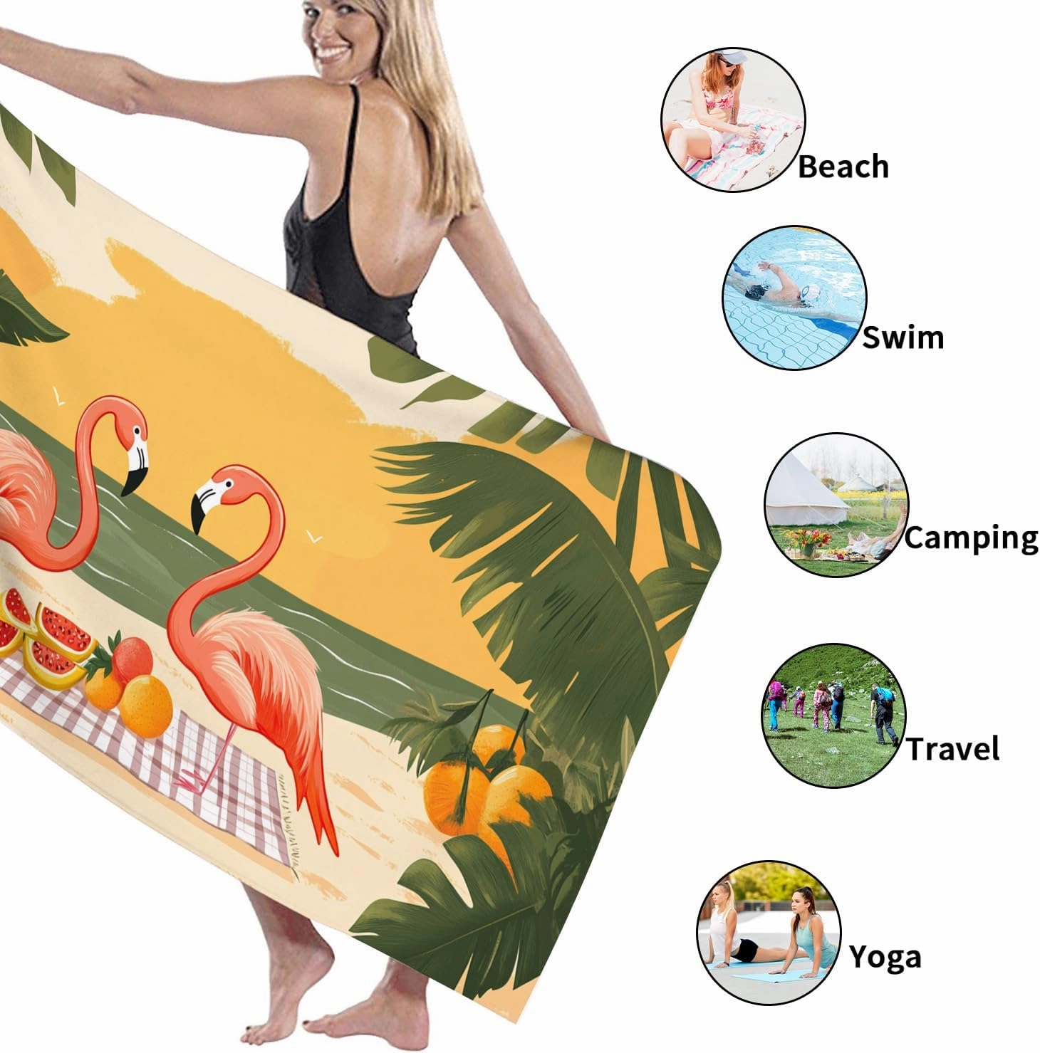 Tropical Tropical Bird Beach Towel Peach Colorful Summertime Design, Quick Dry Absorbent Sand Free Oversize Lightweight Beach Blanket, Vacation Picnic Essentials 70x35 Inch