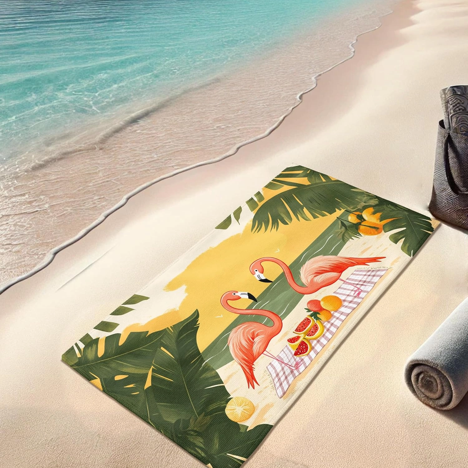 Tropical Tropical Bird Beach Towel Peach Colorful Summertime Design, Quick Dry Absorbent Sand Free Oversize Lightweight Beach Blanket, Vacation Picnic Essentials 70x35 Inch