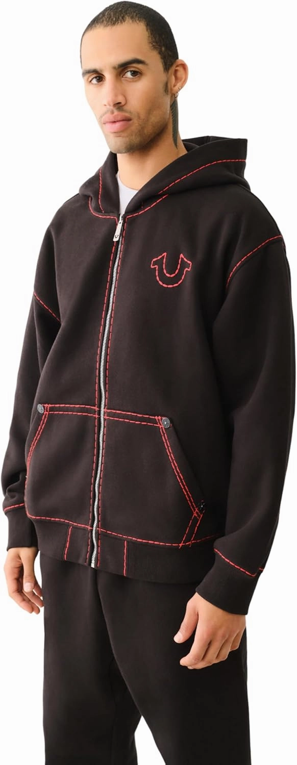 True Religion Men's Fleece Super T Full Zip Hoodie - Jet Black | Buddha Embroidery & Contrast Stitching