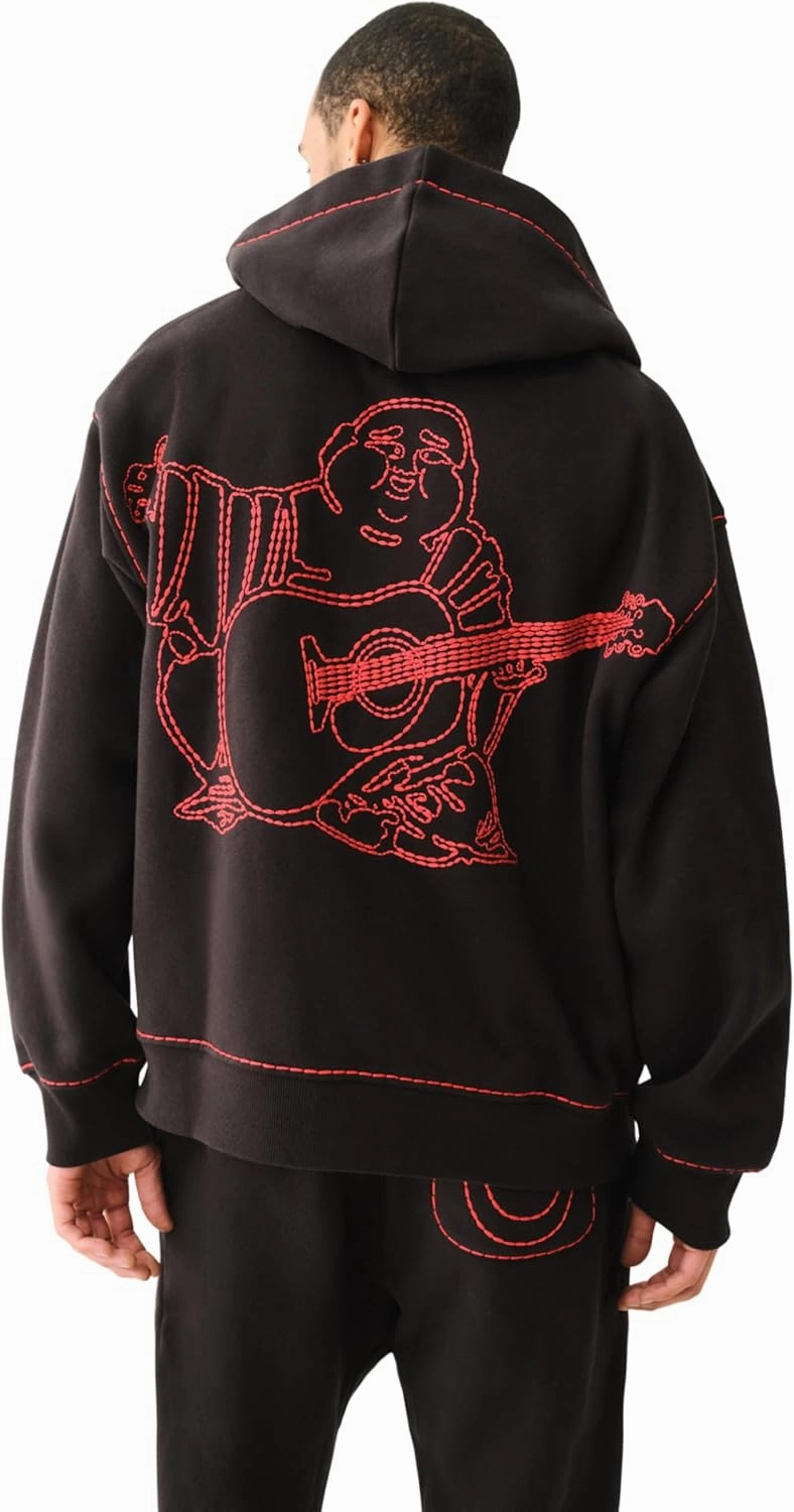 True Religion Men's Fleece Super T Full Zip Hoodie - Jet Black | Buddha Embroidery & Contrast Stitching