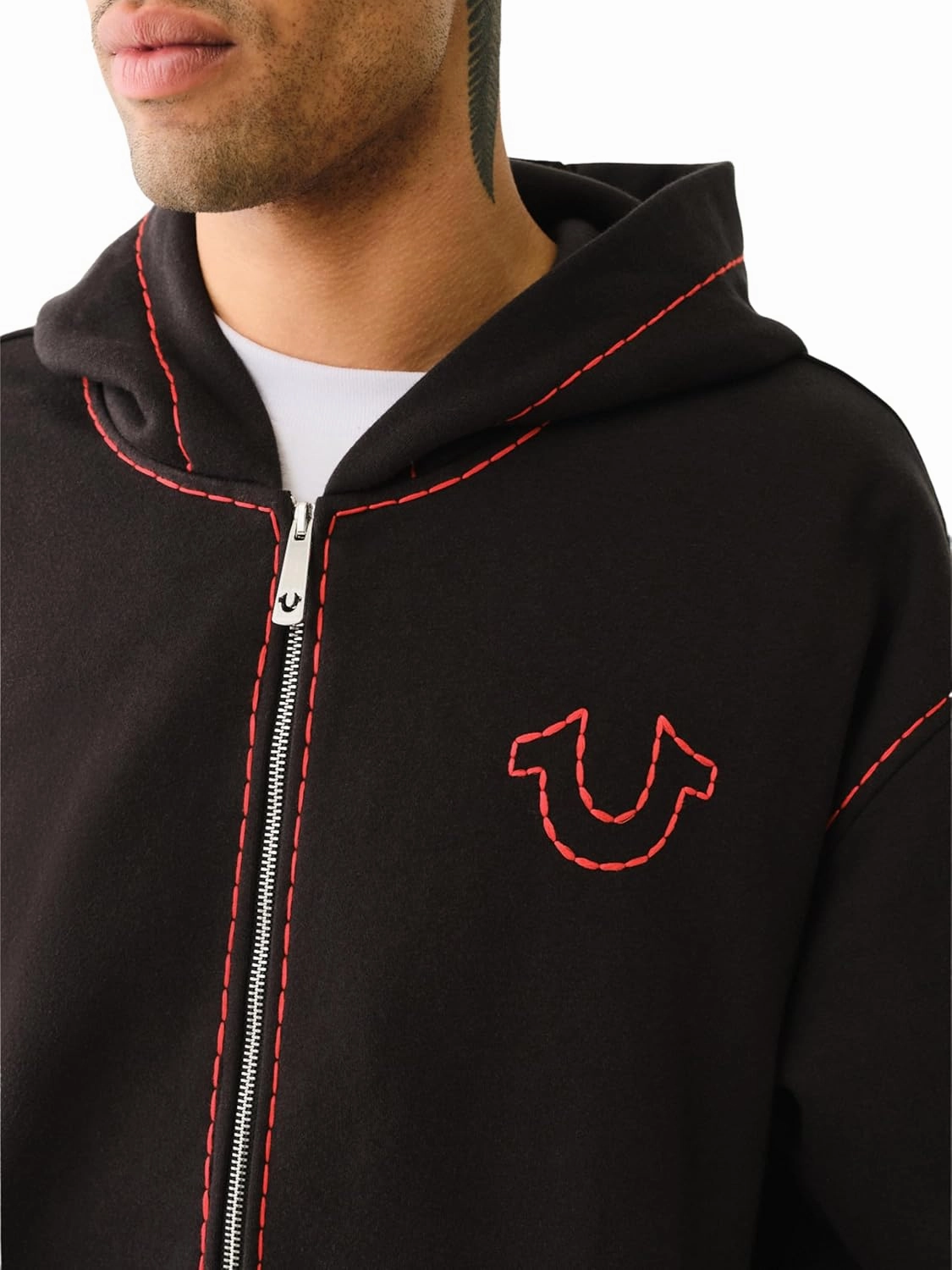 True Religion Men's Fleece Super T Full Zip Hoodie - Jet Black | Buddha Embroidery & Contrast Stitching