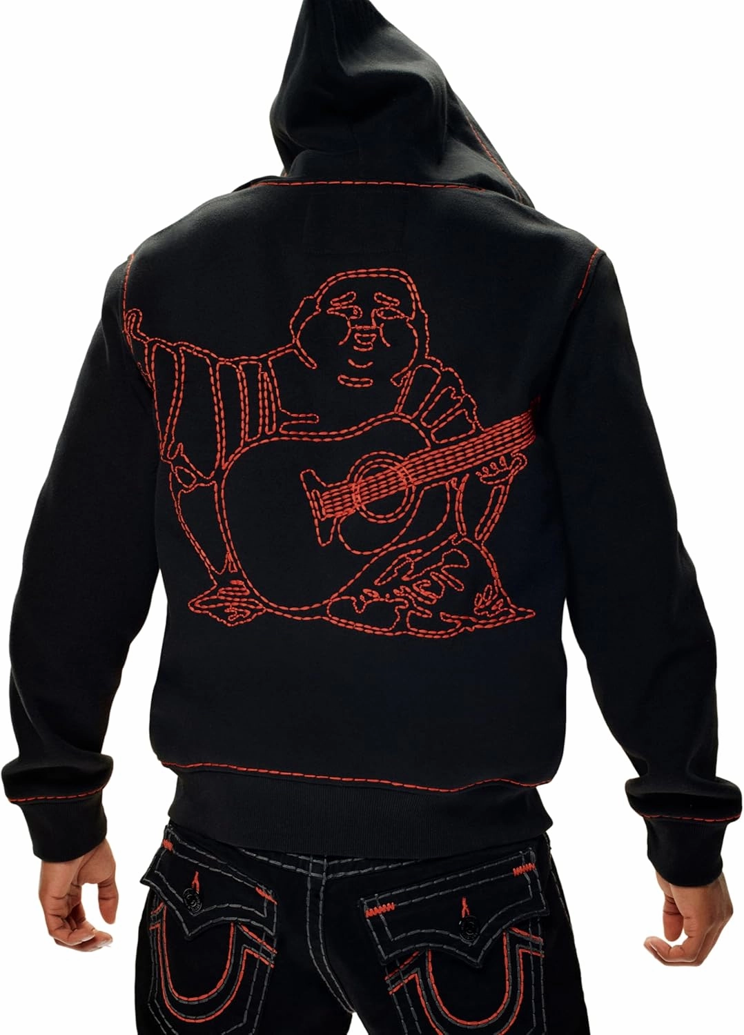True Religion Men's Fleece Super T Full Zip Hoodie - Jet Black | Buddha Embroidery & Contrast Stitching