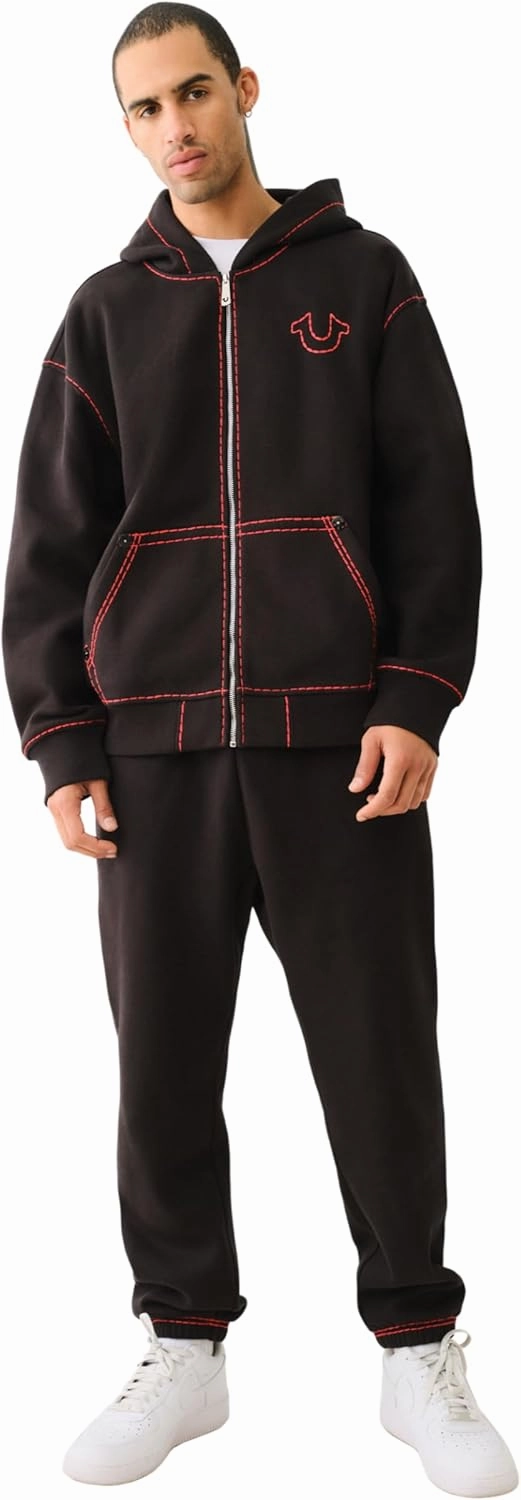 True Religion Men's Fleece Super T Full Zip Hoodie - Jet Black | Buddha Embroidery & Contrast Stitching
