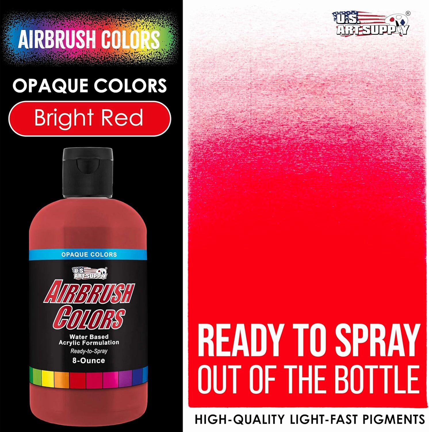 U.S. Art Supply Ready to Spray Bright Red Opaque Airbrush Paint - 8oz Bottle, Professional Grade Non-Toxic Water-Based Colors for Vibrant & Permanent Results