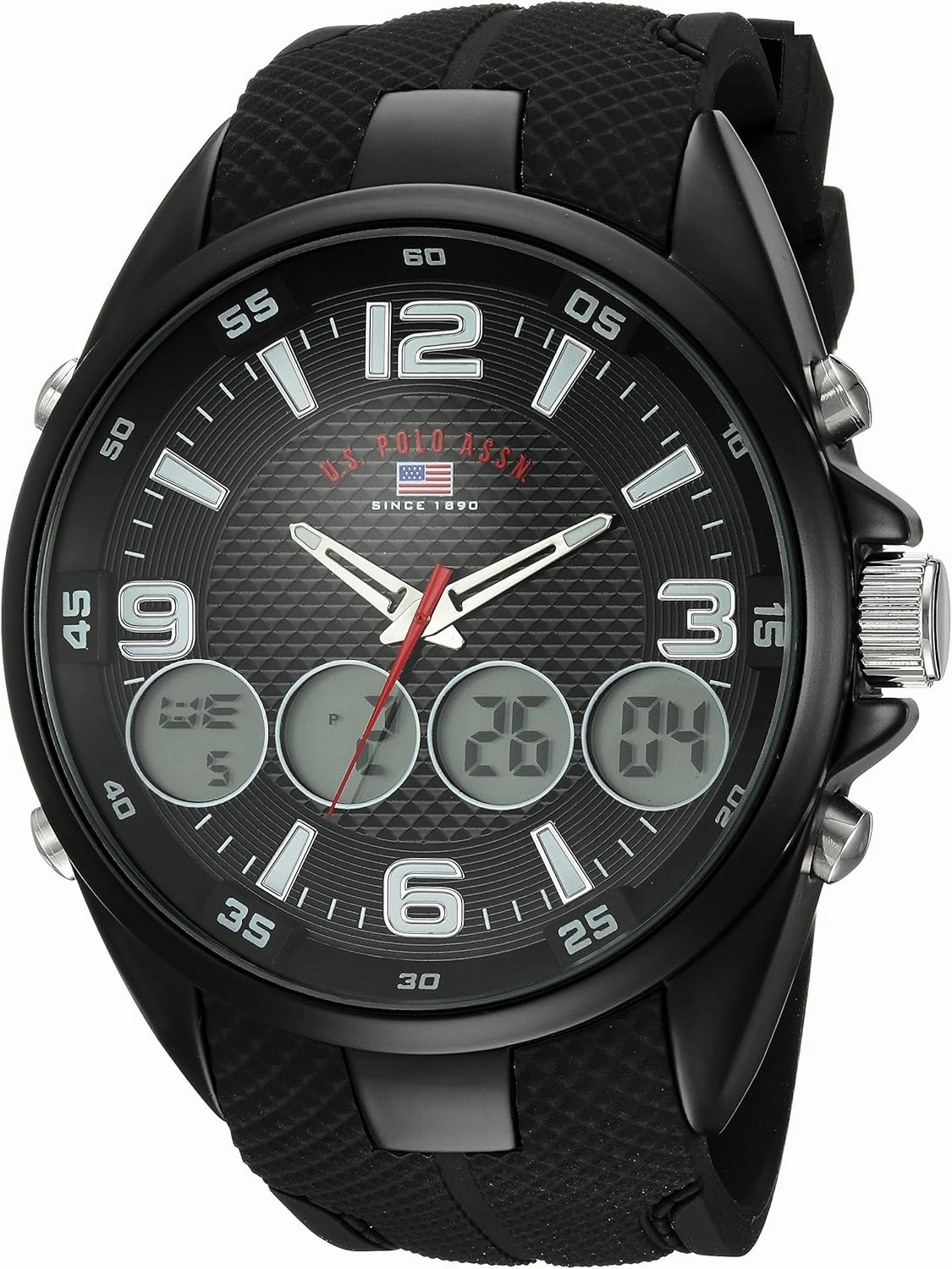 U.S. Polo Assn. Men's Ana-Digital Sport Watch – Black Dial with Multiple Digital Windows, Textured Strap, Stopwatch & Alarm Functions – 46mm Case – Fits Wrists 5.5" to 8"