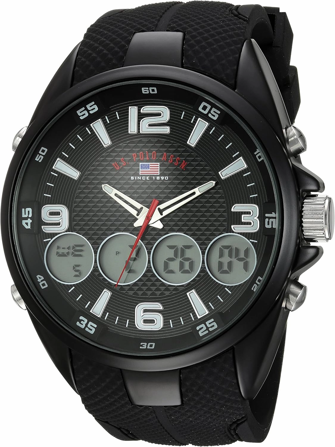 U.S. Polo Assn. Men's Ana-Digital Sport Watch – Black Dial with Multiple Digital Windows, Textured Strap, Stopwatch & Alarm Functions – 46mm Case – Fits Wrists 5.5" to 8"