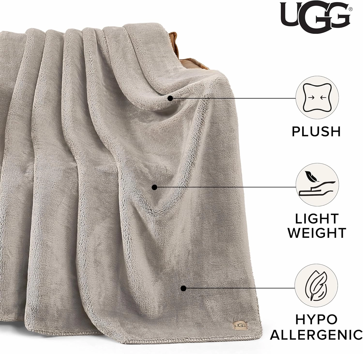 UGG Whitecap Plush Throw Blanket Fleece Lightweight Soft Cozy Throw for Couch Luxury Home Decor for Living Room Machine Washable Hypoallergenic Flannel Blankets, 50-inch x 70-inch, Light Grey Seal