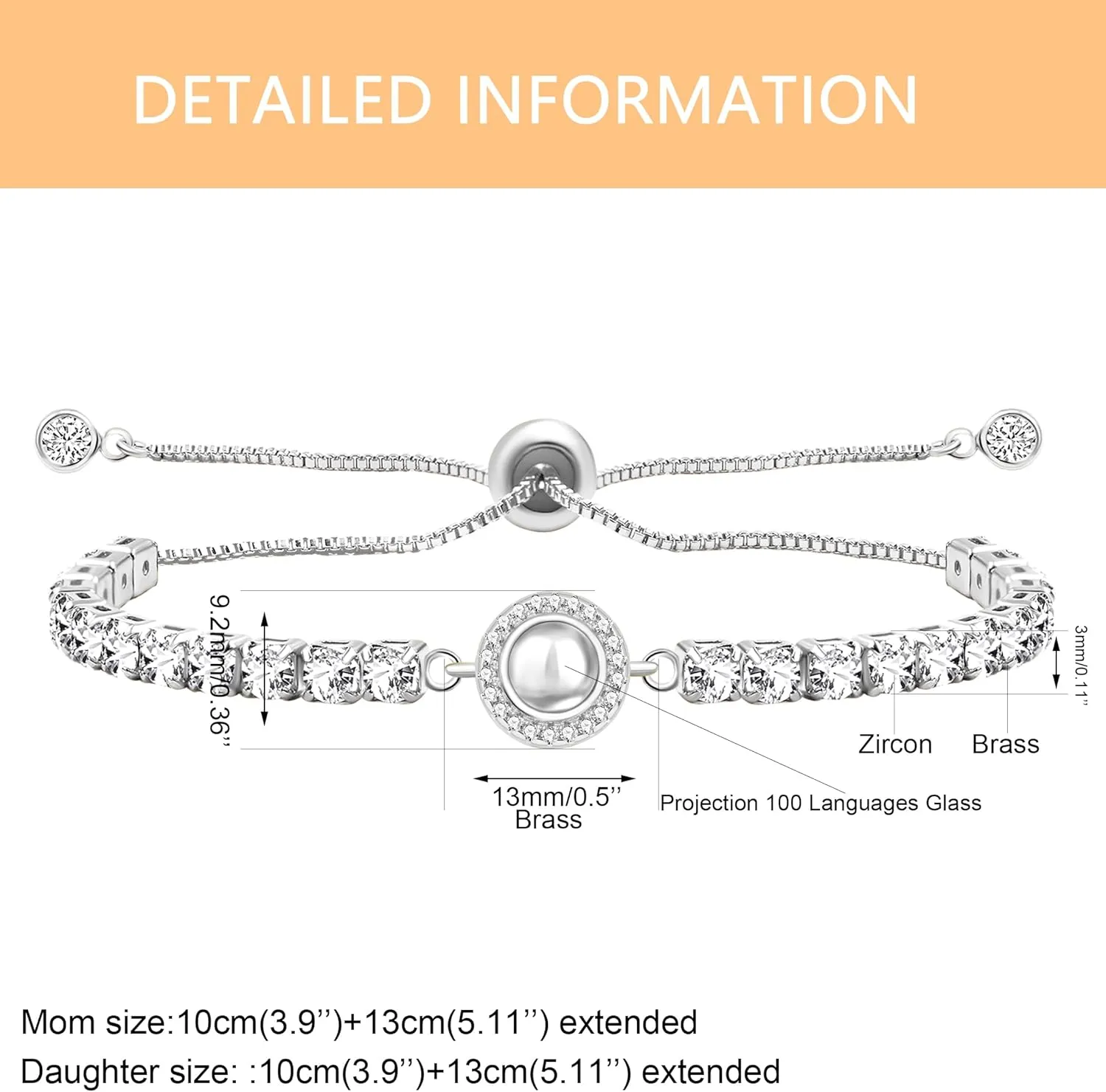 Uloveido Mom Daughter Bracelets 100 Languages I Love You Projection Tennis Bracelets Adjustable Bolo Clasp Bracelet for Mother Daughter YA4750