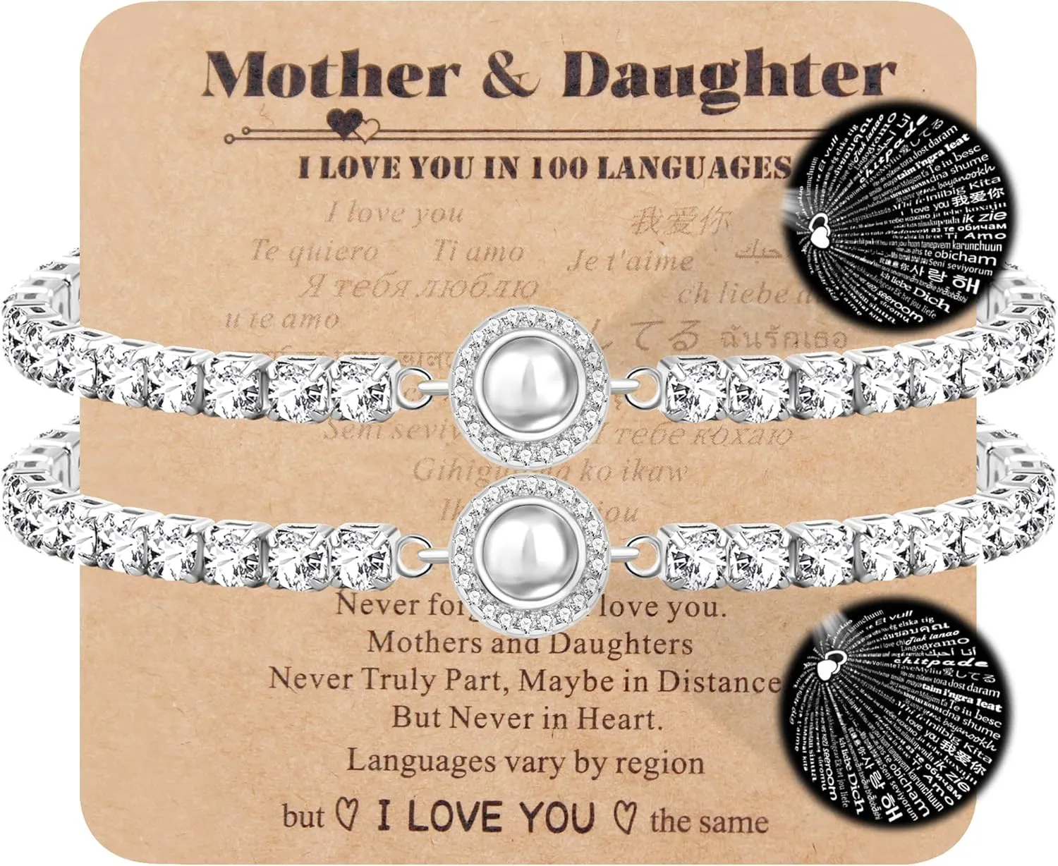 Uloveido Mom Daughter Bracelets 100 Languages I Love You Projection Tennis Bracelets Adjustable Bolo Clasp Bracelet for Mother Daughter YA4750