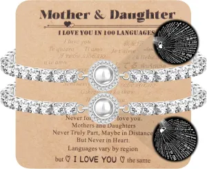 Uloveido Mom Daughter Bracelets 100 Languages I Love You Projection Tennis Bracelets Adjustable Bolo Clasp Bracelet for Mother Daughter YA4750