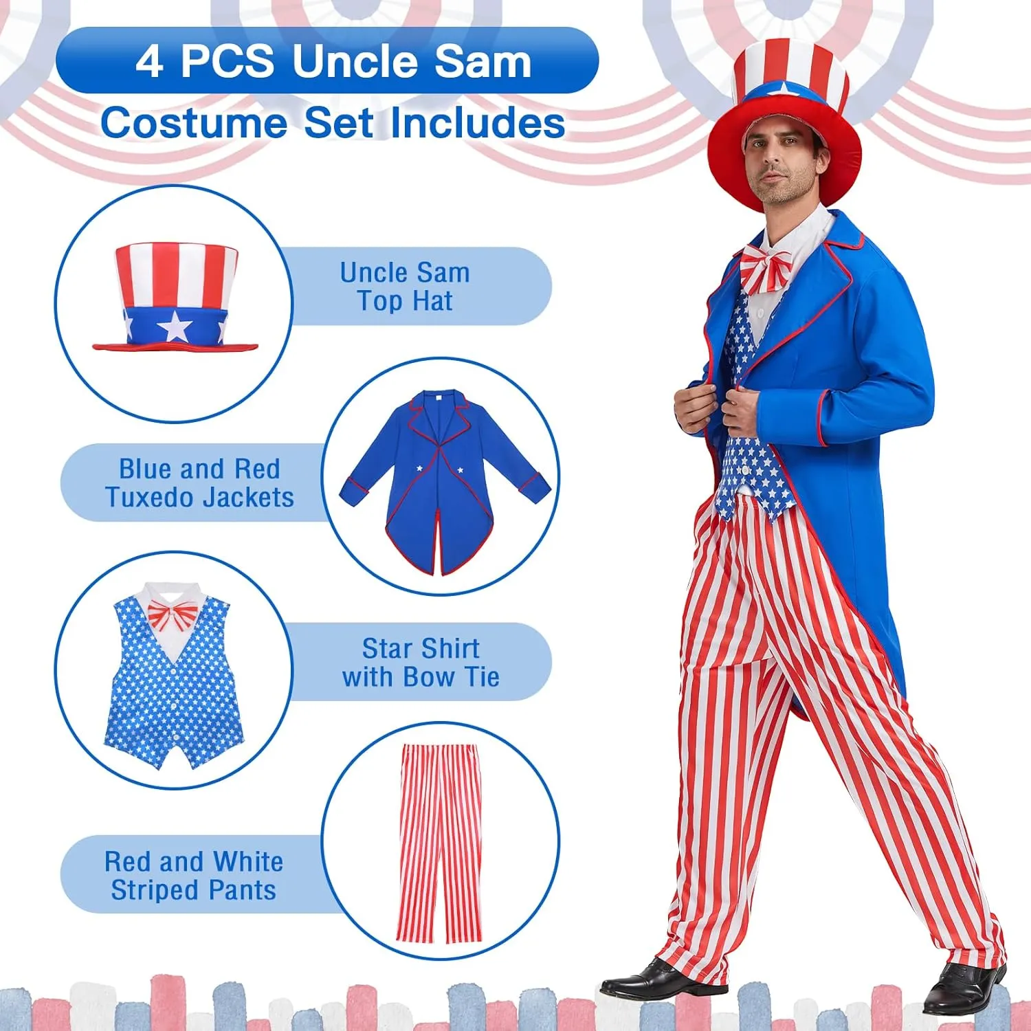Uncle Sam Costume Adult Men, 4th of July Deluxe Costumes Set, Independence Day Theme Patriotic Party Cosplay Dress Suit