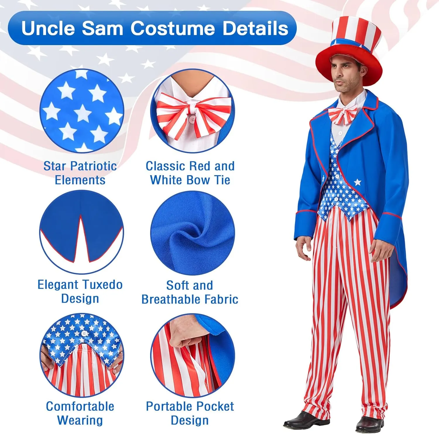 Uncle Sam Costume Adult Men, 4th of July Deluxe Costumes Set, Independence Day Theme Patriotic Party Cosplay Dress Suit