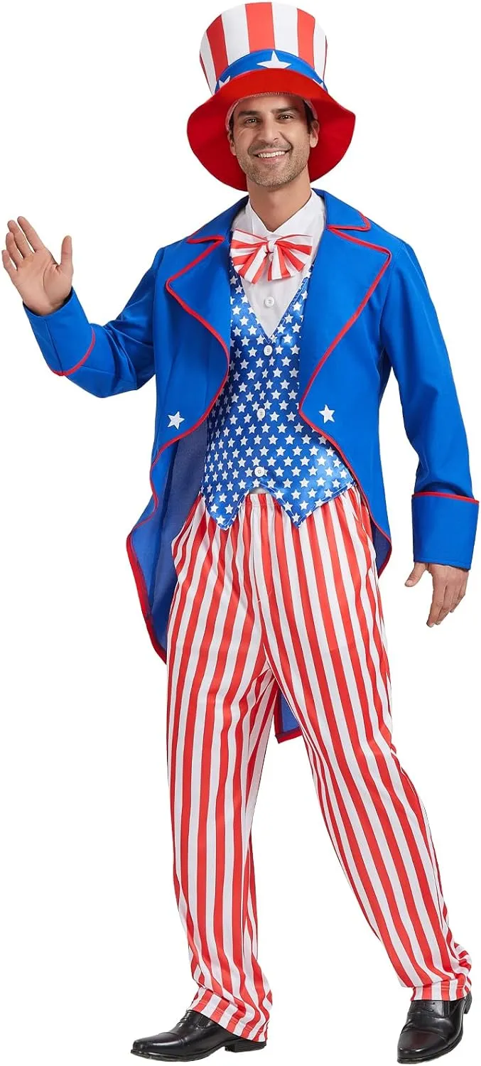 Uncle Sam Costume Adult Men, 4th of July Deluxe Costumes Set, Independence Day Theme Patriotic Party Cosplay Dress Suit