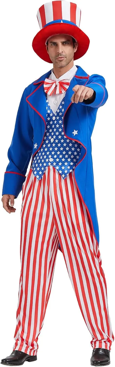 Uncle Sam Costume Adult Men, 4th of July Deluxe Costumes Set, Independence Day Theme Patriotic Party Cosplay Dress Suit