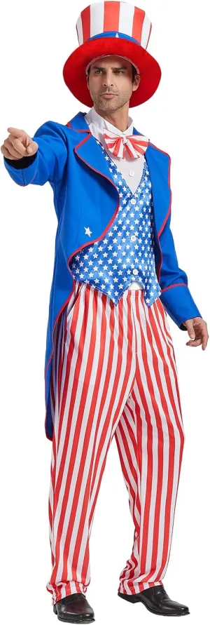 Uncle Sam Costume Adult Men, 4th of July Deluxe Costumes Set, Independence Day Theme Patriotic Party Cosplay Dress Suit