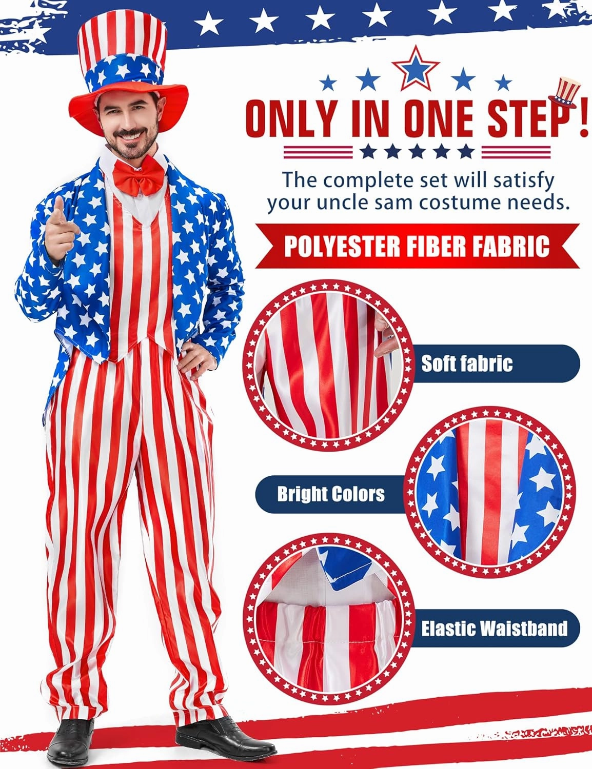Uncle Sam Costume 4th of July for Men 6pcs Deluxe American Flag Suit Set Independence Day Patriotic for Party Cosplay