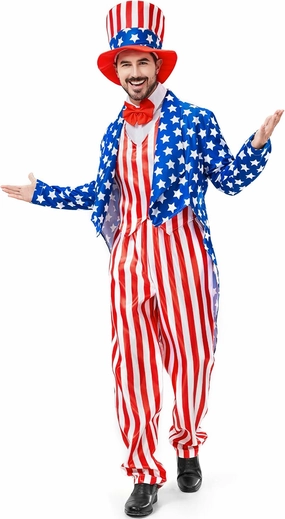 Uncle Sam Costume 4th of July for Men 6pcs Deluxe American Flag Suit Set Independence Day Patriotic for Party Cosplay