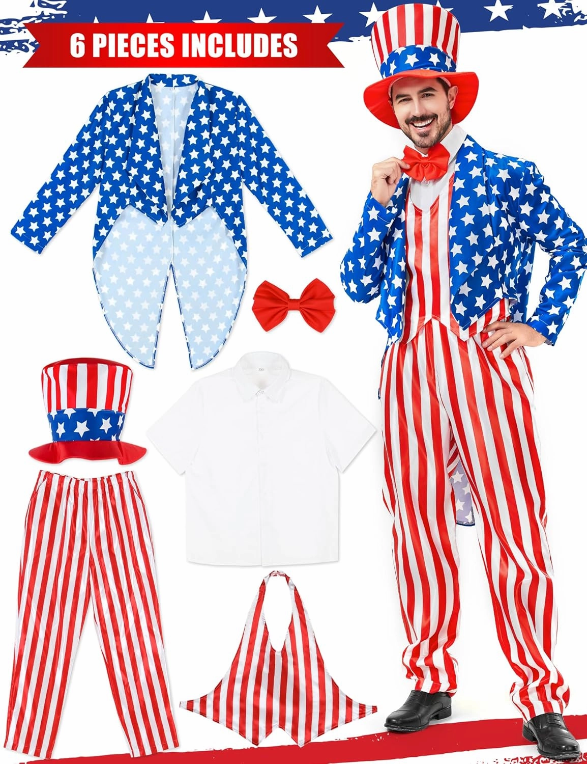 Uncle Sam Costume 4th of July for Men 6pcs Deluxe American Flag Suit Set Independence Day Patriotic for Party Cosplay