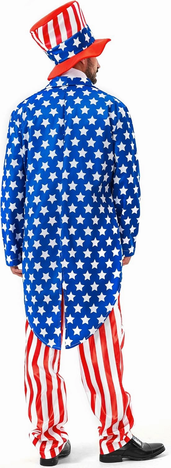Uncle Sam Costume 4th of July for Men 6pcs Deluxe American Flag Suit Set Independence Day Patriotic for Party Cosplay