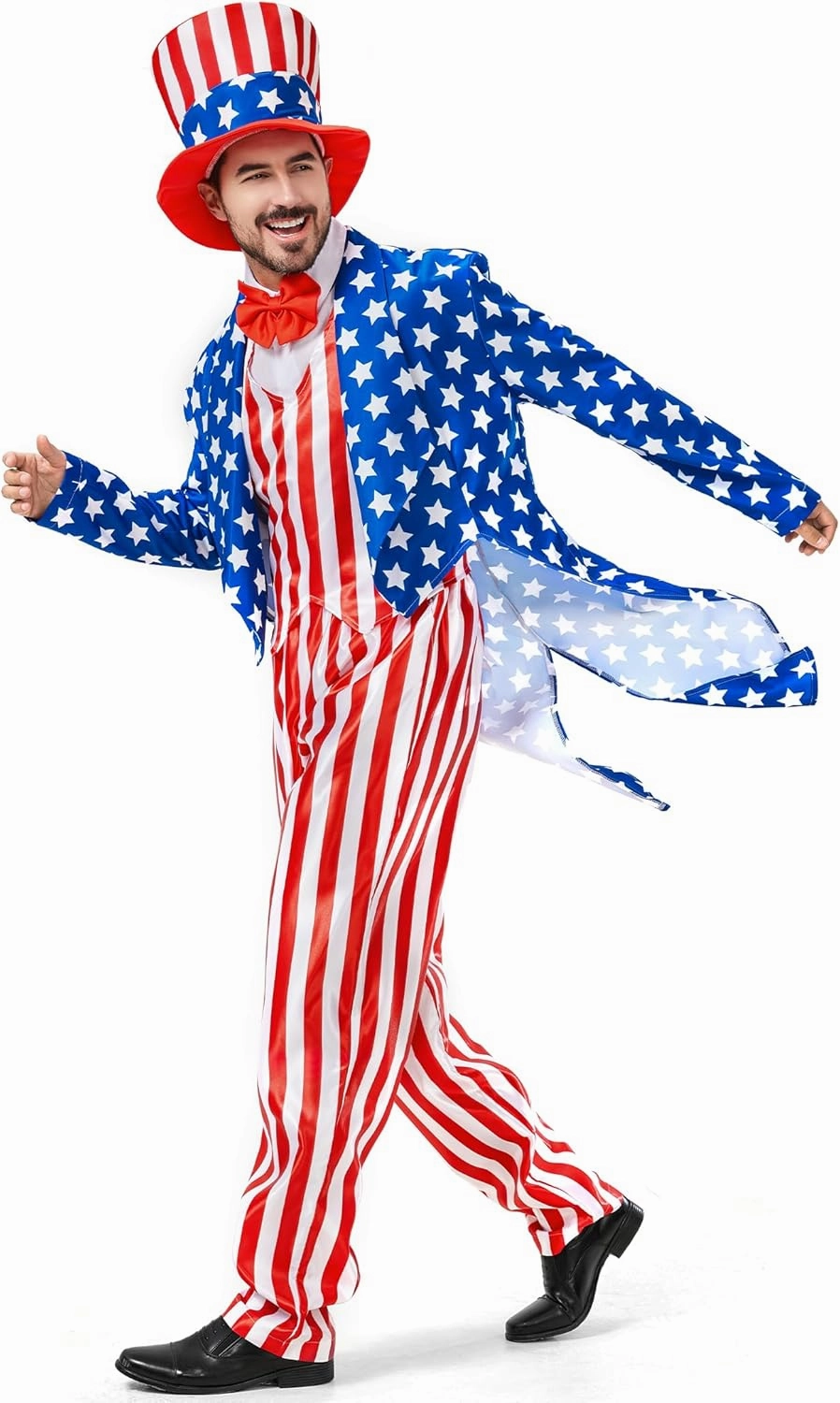 Uncle Sam Costume 4th of July for Men 6pcs Deluxe American Flag Suit Set Independence Day Patriotic for Party Cosplay