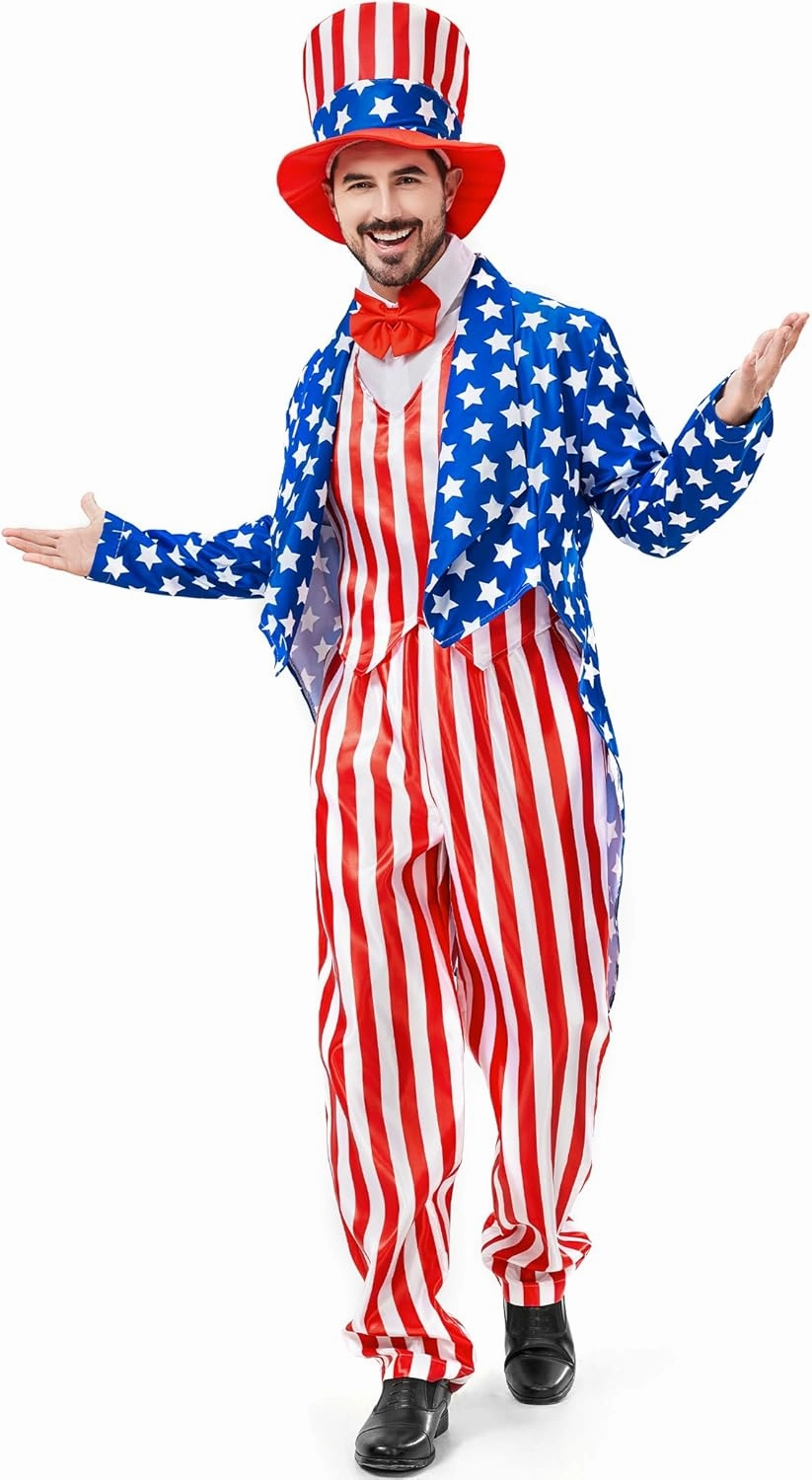 Uncle Sam Costume 4th of July for Men 6pcs Deluxe American Flag Suit Set Independence Day Patriotic for Party Cosplay