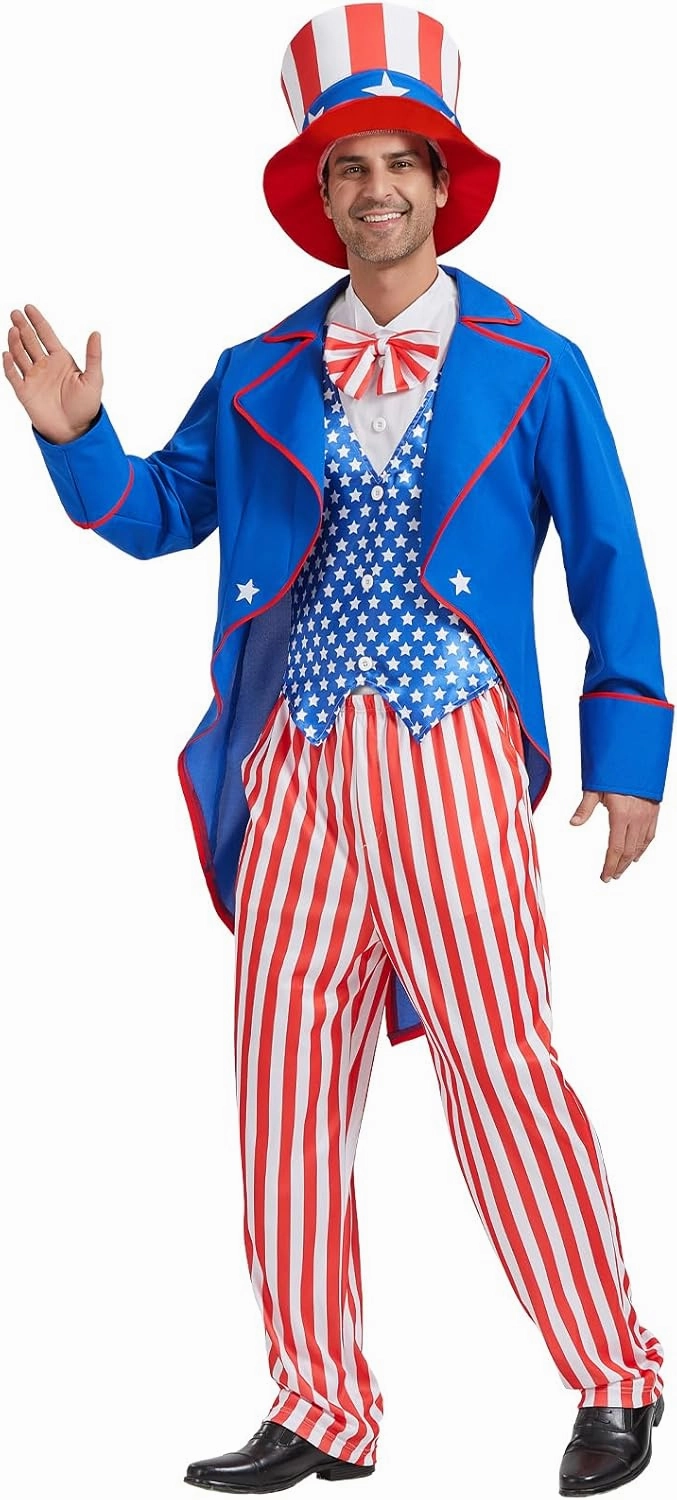 Uncle Sam Costume Adult Men, 4th of July Deluxe Costumes Set, Independence Day Theme Patriotic Party Cosplay Dress Suit