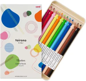 Uni Toirono Colored Pencils, 12 Colors Set, Soft Core Pencils for Coloring, Layering, Shading, Pointillism, and Gradation, TR12C