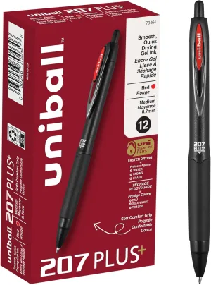 uniball 207 Plus  Retractable Gel Pens 12 Pack in Red with 0.7mm Medium Point Pen Tips - Uni-Super Ink  is Smooth, Vibrant, and Protects Against Water, Fading, and Fraud