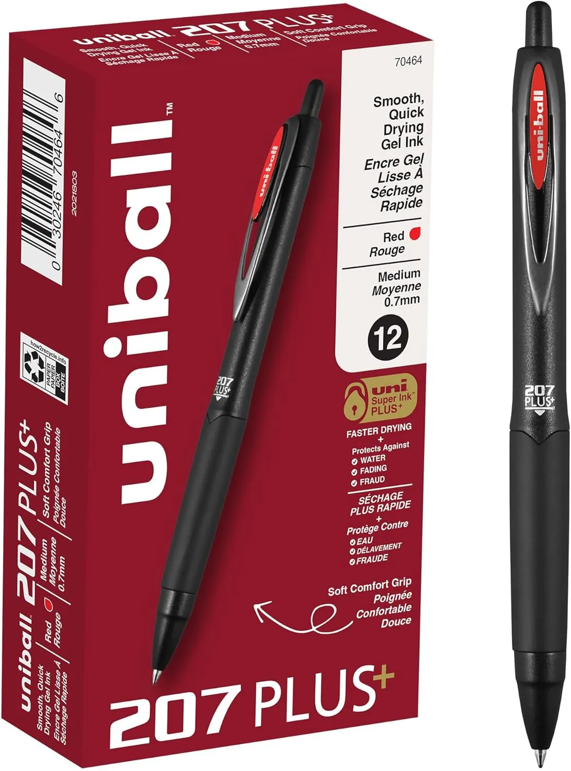 uniball 207 Plus  Retractable Gel Pens 12 Pack in Red with 0.7mm Medium Point Pen Tips - Uni-Super Ink  is Smooth, Vibrant, and Protects Against Water, Fading, and Fraud