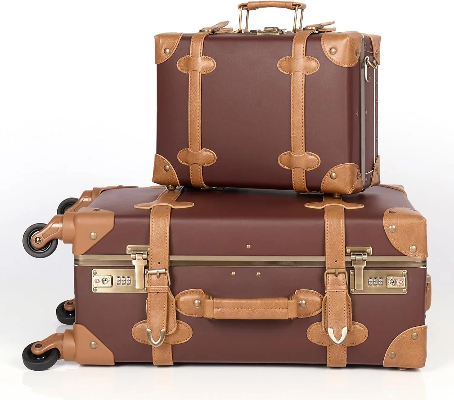 urecity Vintage Luggage Set of 2, Retro Suitcase Trunk with Wheels for Men and Women, Cute Designer Travel Luggage Set with Boarding Tote, Luggage Zipperless TSA Approved