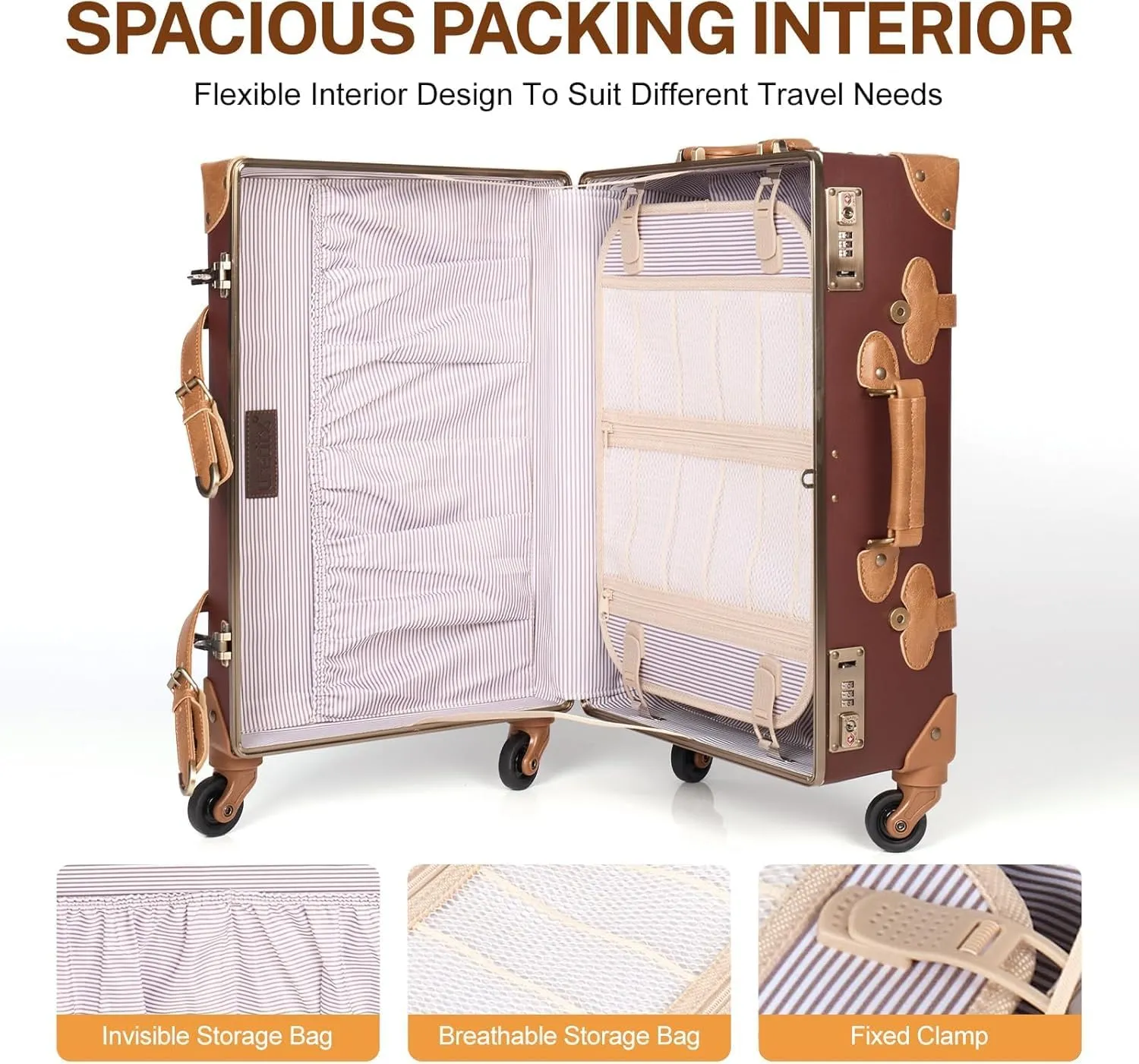 urecity Vintage Luggage Set of 2, Retro Suitcase Trunk with Wheels for Men and Women, Cute Designer Travel Luggage Set with Boarding Tote, Luggage Zipperless TSA Approved