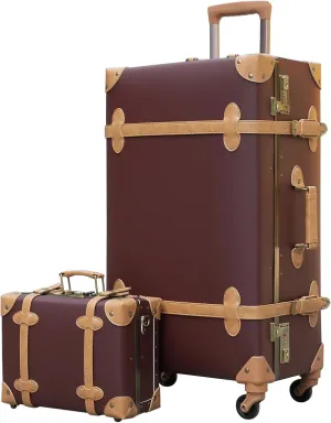 urecity Vintage Luggage Set of 2, Retro Suitcase Trunk with Wheels for Men and Women, Cute Designer Travel Luggage Set with Boarding Tote, Luggage Zipperless TSA Approved