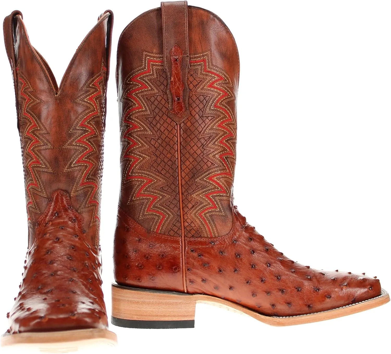 Vaccari Men's Bennet Genuine Full Quill Ostrich Leather Broad Square Toe Cowboy Boots