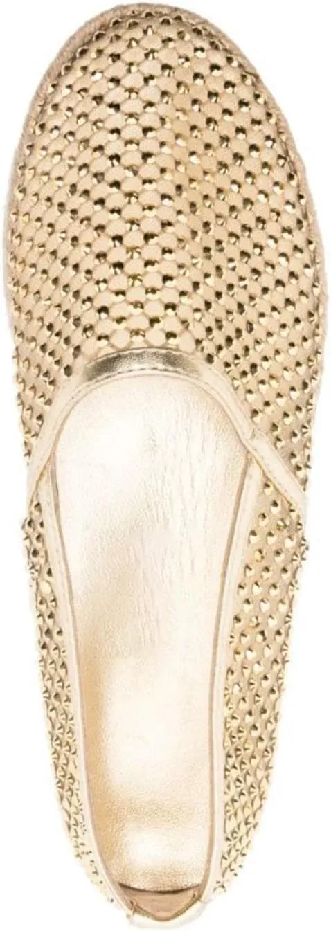 VARECOLA Women Round Toe Crystal Mesh Flat Sandals Shoes Slip-on Rhinestones Espadrilles Chic Shinny Fisherman Single Shoes Braided Raffia No-heel Gold